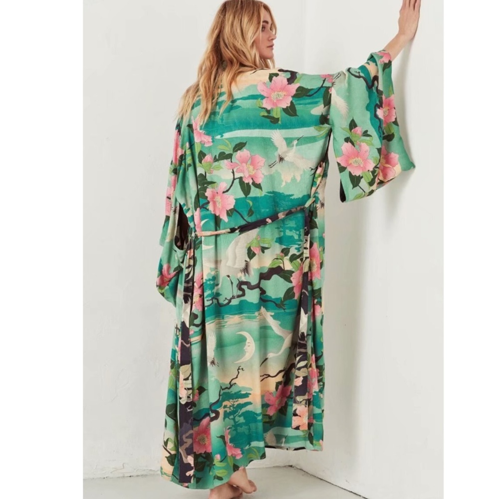 Boho green birds Floral print Kimono cover up - Picture 8 of 10